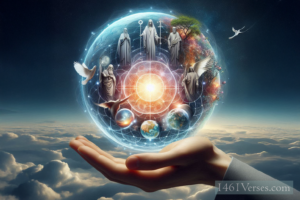 Love Eternal - The hand of the almighty holding a globe of people of all faiths with the universe at the center.