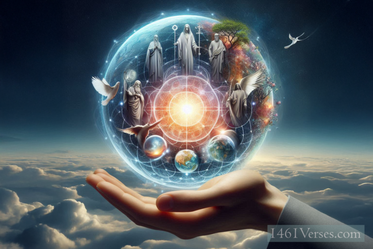 Love Eternal - The hand of the almighty holding a globe of people of all faiths with the universe at the center.