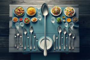 A dinner table with a very long spoon in the center
