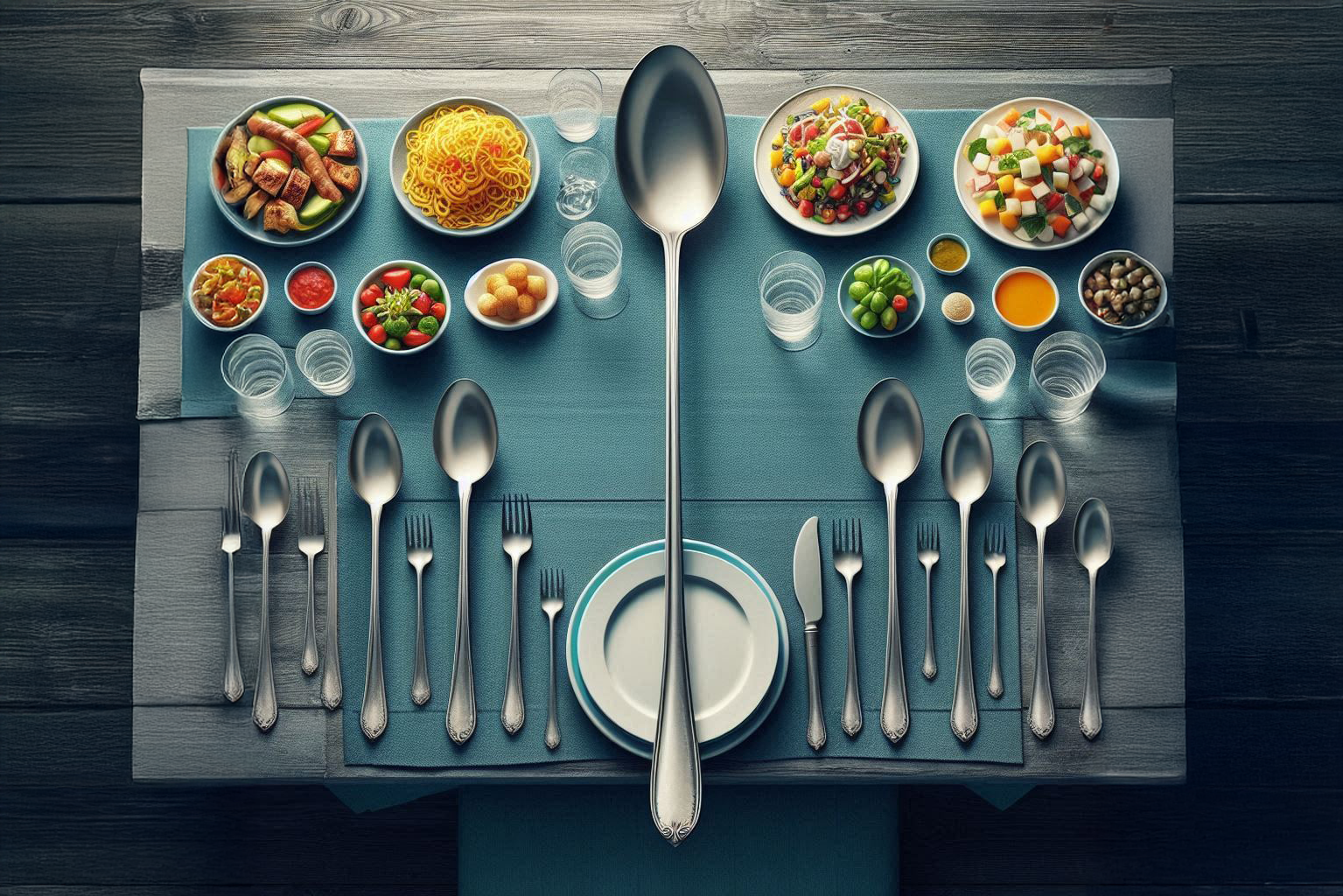 A dinner table with a very long spoon in the center