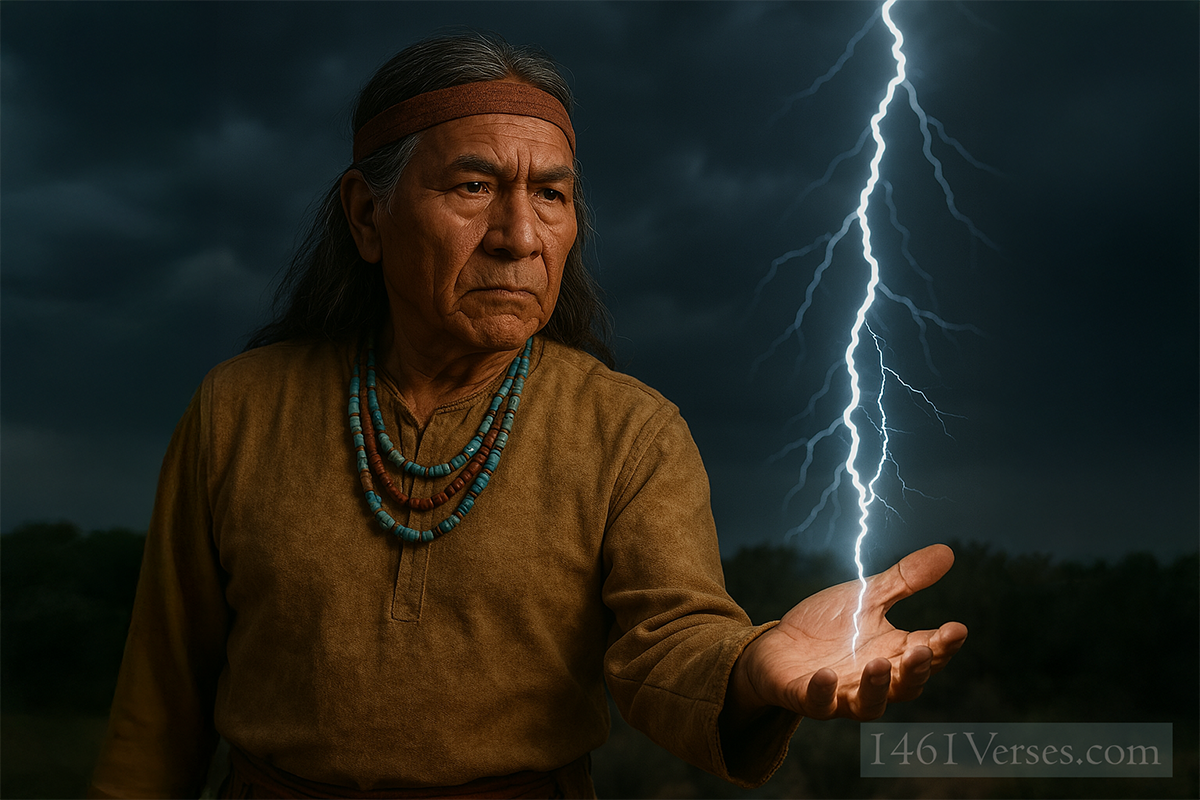 "Elderly Native American man standing in a thunderstorm with lightning extending from his outstretched hand, symbolizing the power of action over words in a visual representation of a Cherokee proverb."