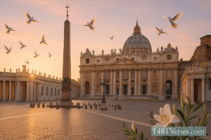 St. Peter’s Square at sunrise, bathed in soft golden-pink light. White doves soar in the sky, with lilies and olive branches in the foreground, symbolizing hope and peace