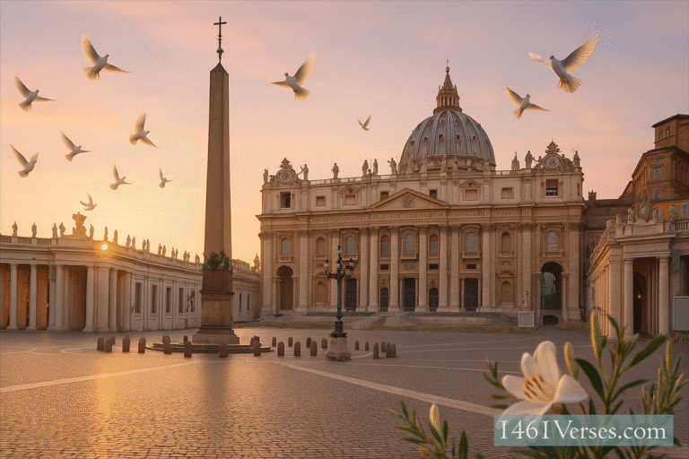 St. Peter’s Square at sunrise, bathed in soft golden-pink light. White doves soar in the sky, with lilies and olive branches in the foreground, symbolizing hope and peace