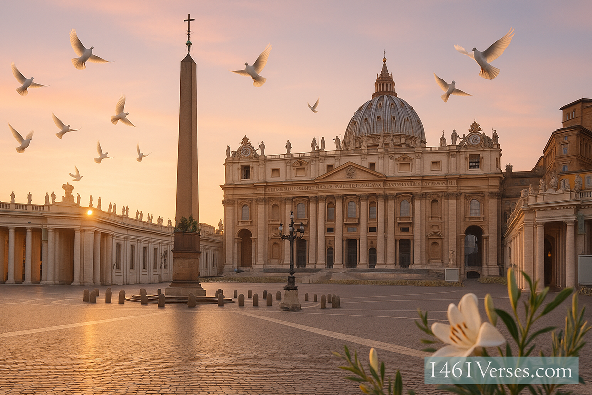 St. Peter’s Square at sunrise, bathed in soft golden-pink light. White doves soar in the sky, with lilies and olive branches in the foreground, symbolizing hope and peace