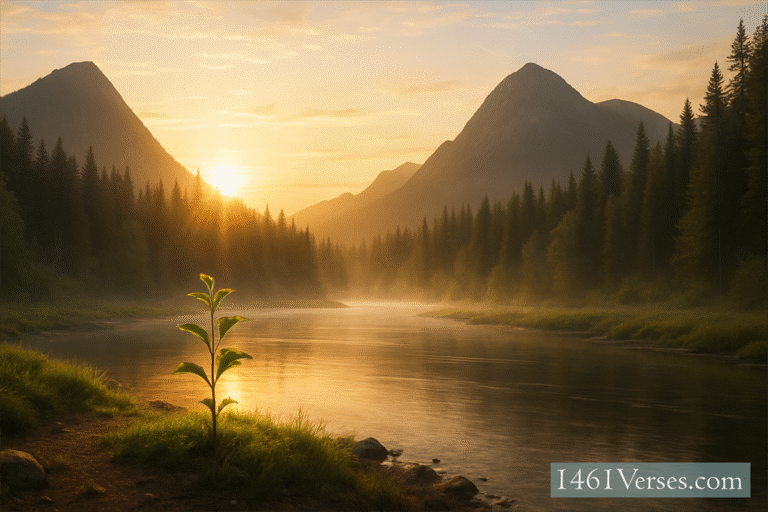 A peaceful natural landscape at sunrise with mist over a river, mountains in the background, and a small sapling growing in the foreground, symbolizing hope and care for the Earth.