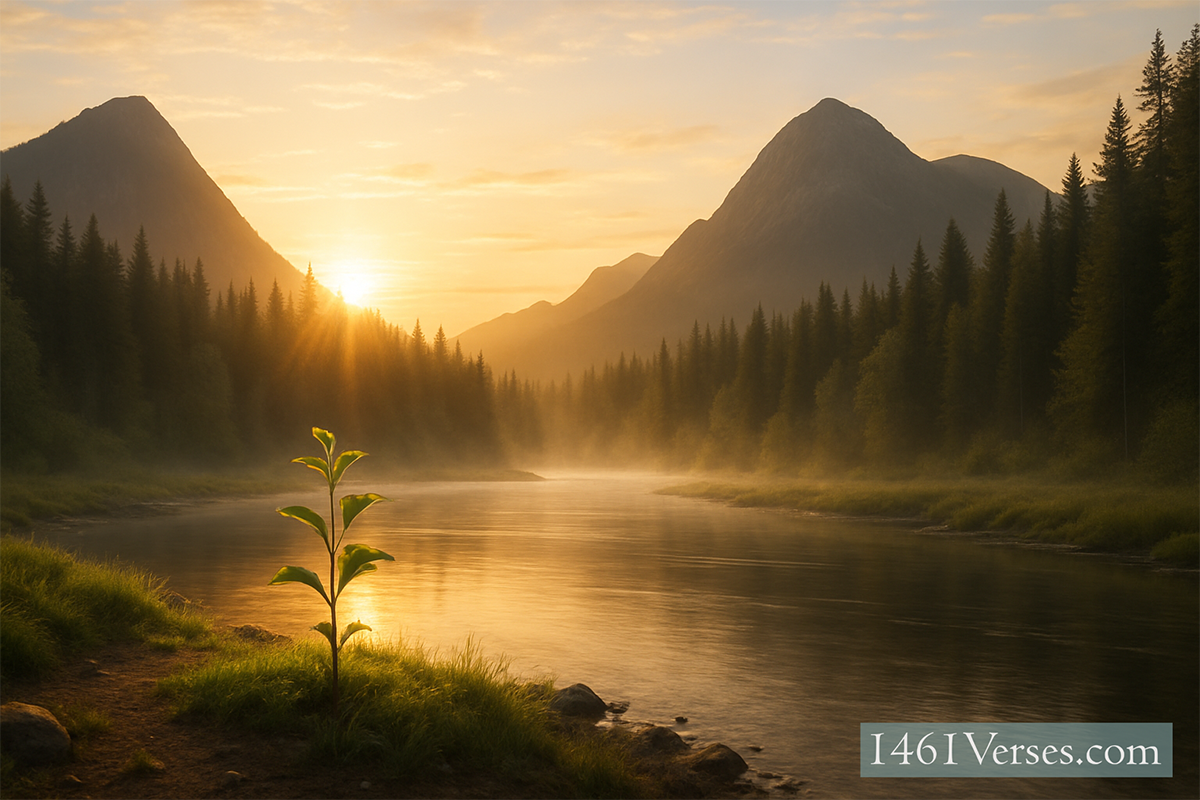 A peaceful natural landscape at sunrise with mist over a river, mountains in the background, and a small sapling growing in the foreground, symbolizing hope and care for the Earth.