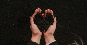 A close-up of hands holding black sand in a heart shape, symbolizing care for nature.