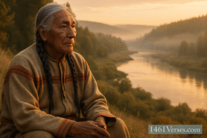 An Indigenous elder in traditional clothing sits peacefully at golden hour, gazing over a calm river and misty landscape.