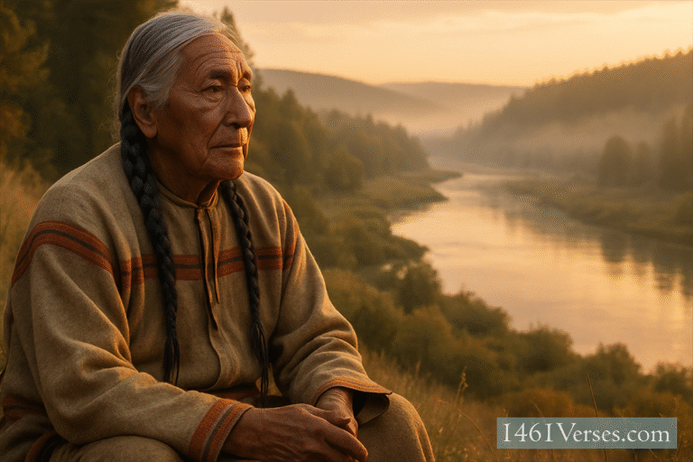 An Indigenous elder in traditional clothing sits peacefully at golden hour, gazing over a calm river and misty landscape.