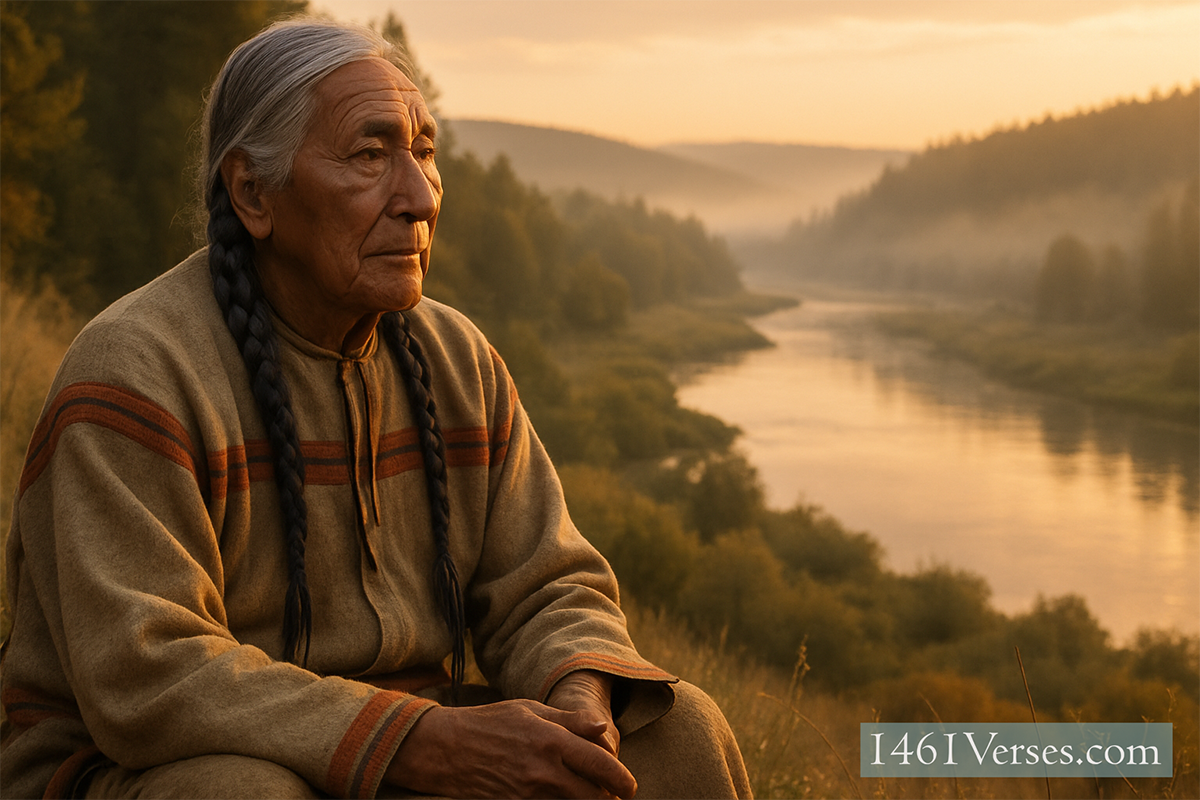 An Indigenous elder in traditional clothing sits peacefully at golden hour, gazing over a calm river and misty landscape.