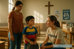 Inside a sunlit church community hall, a Venezuelan child with a worn backpack looks up at a kneeling volunteer offering kindness, while the child’s mother watches nearby.