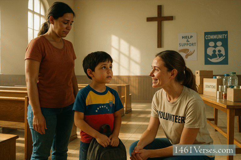 Inside a sunlit church community hall, a Venezuelan child with a worn backpack looks up at a kneeling volunteer offering kindness, while the child’s mother watches nearby.