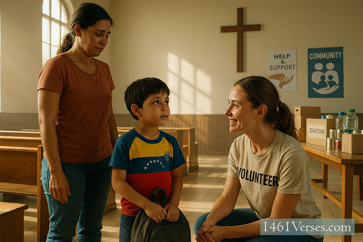 Inside a sunlit church community hall, a Venezuelan child with a worn backpack looks up at a kneeling volunteer offering kindness, while the child’s mother watches nearby.