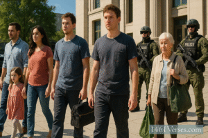 A diverse group of everyday people walk through a bright city plaza under a blue sky, while two tactical police officers stand at a distance near a government building.