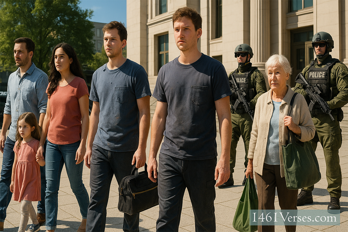 A diverse group of everyday people walk through a bright city plaza under a blue sky, while two tactical police officers stand at a distance near a government building.