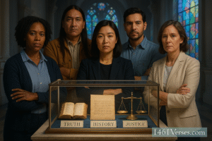 A diverse group of people—Black, Indigenous, Asian, Latino, and white—stand protectively around a glowing glass display case in a majestic museum. The case holds labeled artifacts reading “Truth,” “Memory,” and “Justice.” Colored light from stained glass-style windows shines softly across the scene. Each person appears solemn and determined, symbolizing their commitment to preserving history and defending truth. No religious symbols are present.