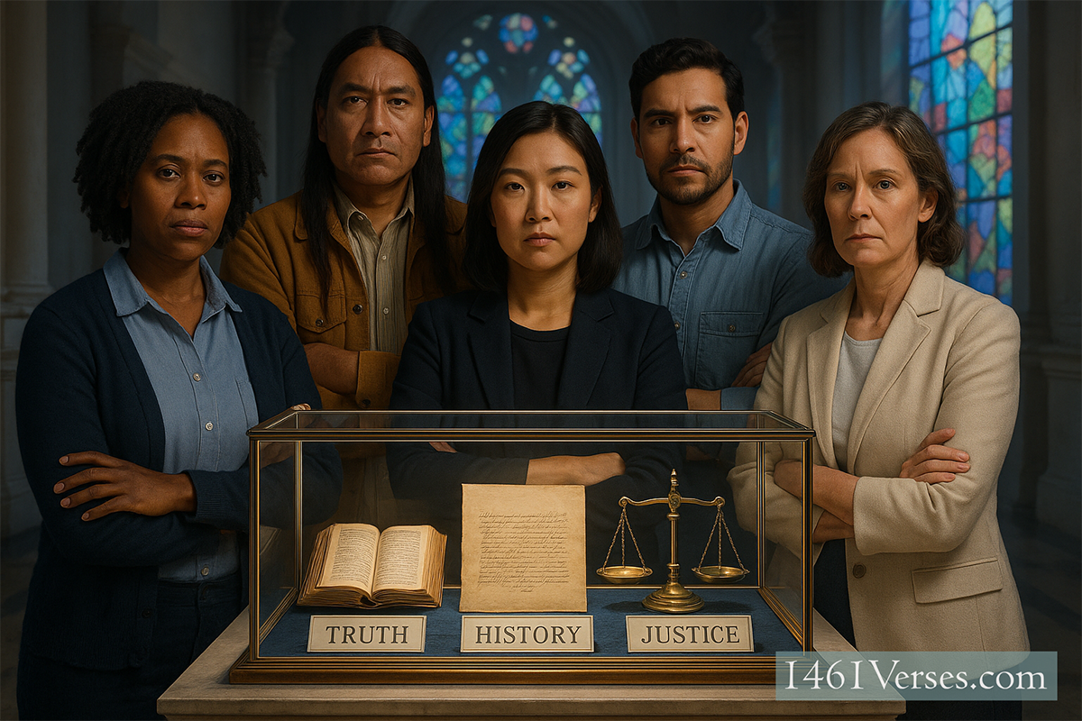 A diverse group of people—Black, Indigenous, Asian, Latino, and white—stand protectively around a glowing glass display case in a majestic museum. The case holds labeled artifacts reading “Truth,” “Memory,” and “Justice.” Colored light from stained glass-style windows shines softly across the scene. Each person appears solemn and determined, symbolizing their commitment to preserving history and defending truth. No religious symbols are present.