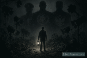 A person standing at a movie set, looking at a partially dismantled camera surrounded by rubble, while large authoritarian figures loom in the shadows. The person holds a lantern of light representing truth and free expression.