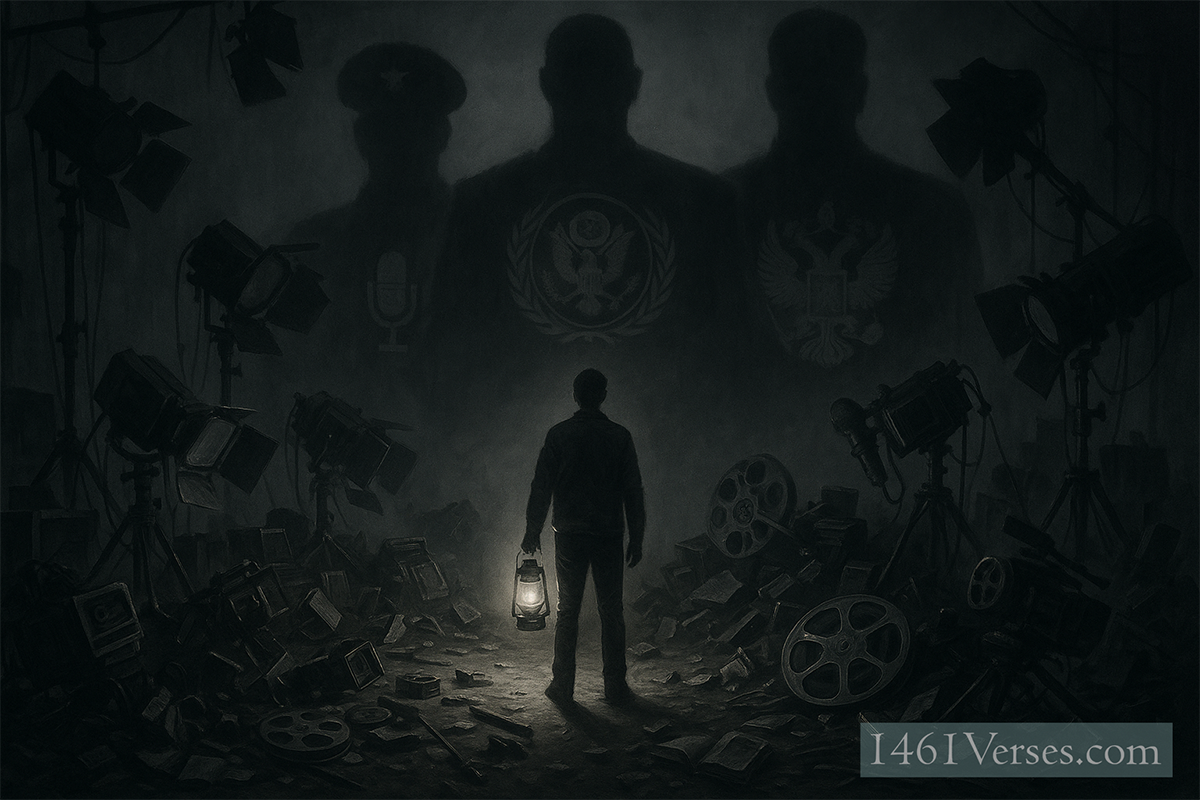 A person standing at a movie set, looking at a partially dismantled camera surrounded by rubble, while large authoritarian figures loom in the shadows. The person holds a lantern of light representing truth and free expression.