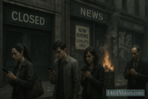 "A busy city street where people walk with their eyes glued to their cell phones, completely ignoring the chaos around them. In the background, a movie studio has a large 'CLOSED' sign. A news station window displays a hiring poster that reads 'NOW HIRING: LOYALISTS ONLY.' A public library nearby shows piles of books burning in a barrel. Posters about censorship and propaganda are torn and fluttering in the wind. Despite the destruction, everyone appears calm and distracted, focused solely on their screens. The mood is eerie, surreal, and realistic—no golden tones, harsh lighting with cold, desaturated colors to emphasize emotional detachment and decay.