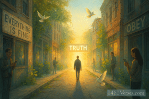 "A peaceful city street bathed in soft morning light, where misleading posters and faded signs like 'Everything Is Fine' or 'Obey' are beginning to peel and fall away. In the center, a person walks toward a bright, glowing path ahead, where a large sign simply reads 'TRUTH' in clean, radiant letters. Around the person, light begins to break through the fog, illuminating the street and revealing vibrant colors and signs of life—plants growing through cracks, doves in flight, and others beginning to look up from their devices and notice. Clear, hopeful mood with a sense of awakening and clarity. No harsh shadows; gentle natural light and symbolic warmth.