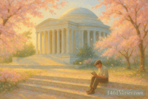 Painting-style scene of the Jefferson Memorial with cherry blossoms and a lone person reading the Constitution on the steps.