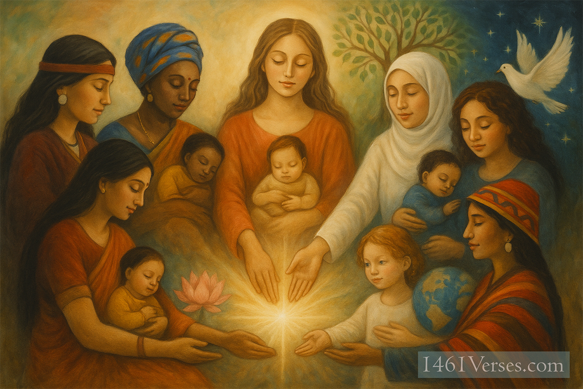 A vibrant digital illustration of nine diverse mothers, each lovingly holding a child, arranged in a glowing circle beneath the Tree of Life. Their clothing reflects cultural and religious traditions from around the world—Christian, Jewish, Muslim, Buddhist, Hindu, Sikh, Indigenous, Bahá'í, and New Age. Symbols like the cross, crescent moon, lotus flower, and Star of David surround them, radiating warmth, unity, and spiritual reverence.