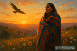 A serene Native American figure wrapped in a woven blanket stands on a grassy hill at sunrise, gazing into the sky as a hawk soars above, symbolizing inner peace and clarity.