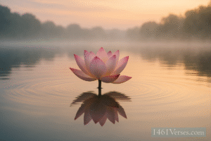 A blooming lotus flower on a still pond with ripples and reflection, symbolizing the gentle power of Right Speech in Buddhism.