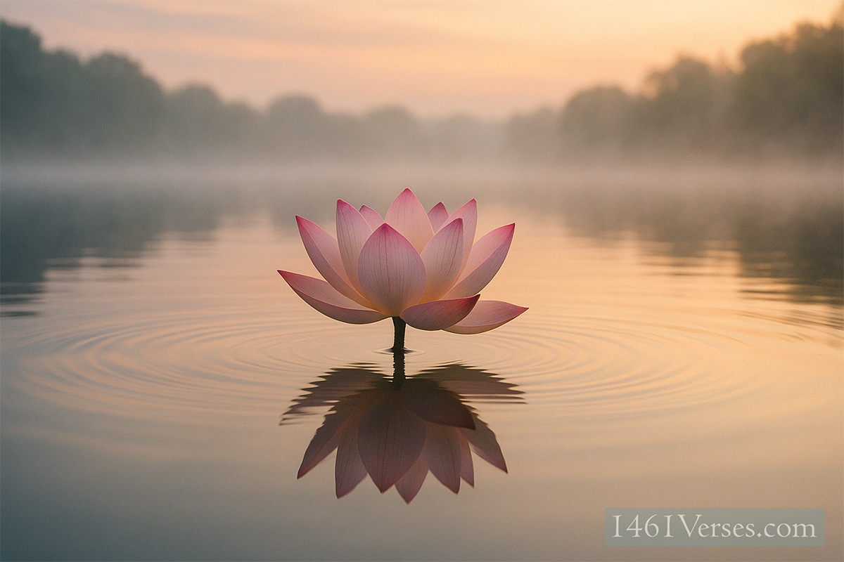 A blooming lotus flower on a still pond with ripples and reflection, symbolizing the gentle power of Right Speech in Buddhism.