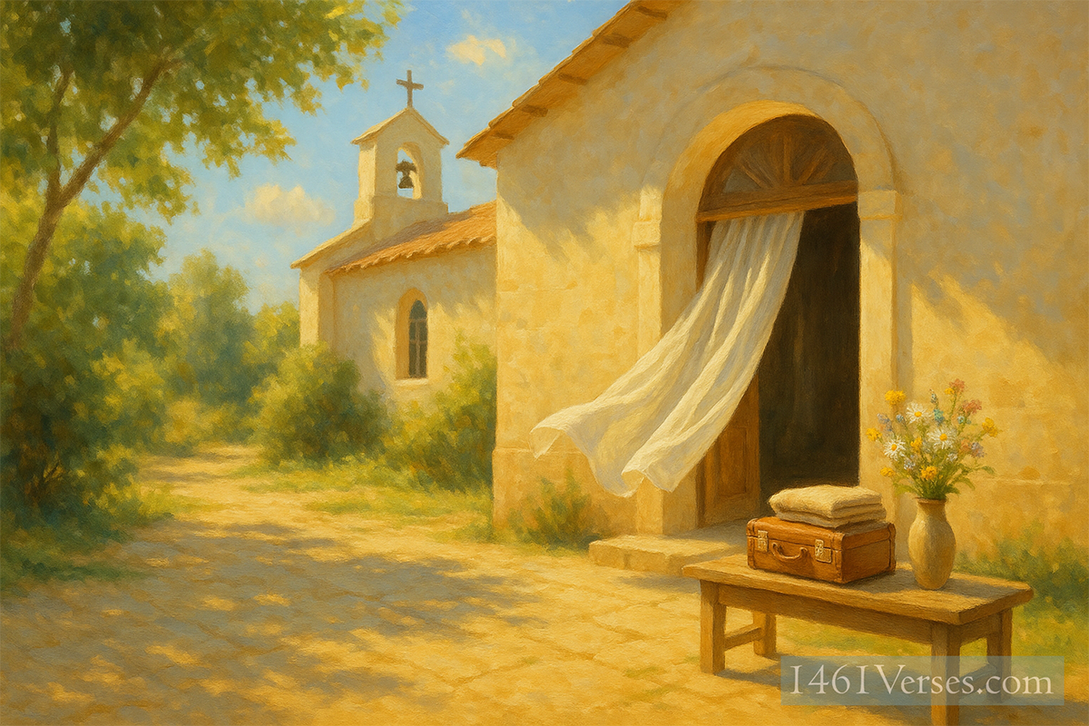 A bright, sunlit courtyard outside a small country church. A soft breeze lifts a sheer white curtain through an open arched doorway. On a nearby bench sits a small, neatly packed suitcase with a folded blanket on top, and beside it, a simple vase of fresh wildflowers. The overall tone is warm, calm, and hopeful—symbolizing quiet welcome, spiritual discernment, and readiness to help. No people present.