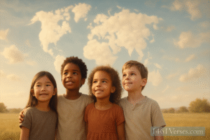 Children of diverse backgrounds standing together in nature under a united sky, symbolizing global unity and shared humanity.