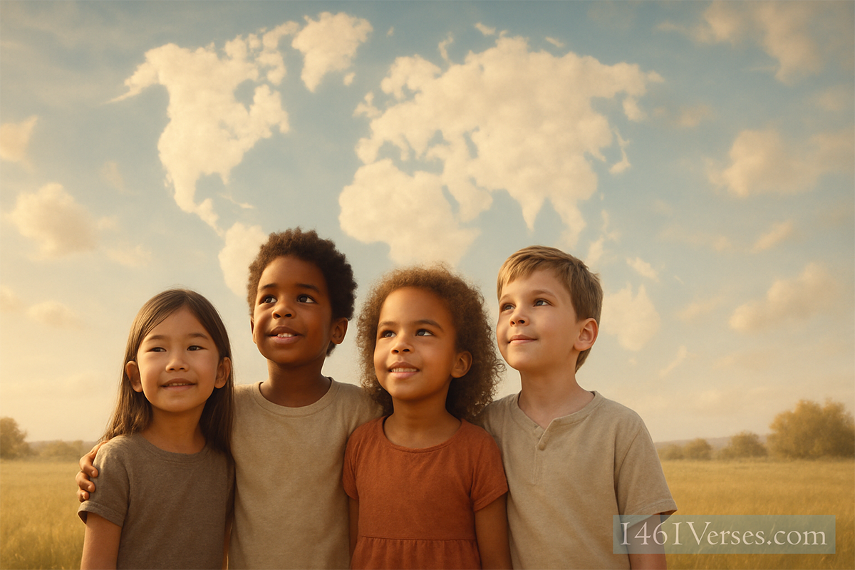 Children of diverse backgrounds standing together in nature under a united sky, symbolizing global unity and shared humanity.