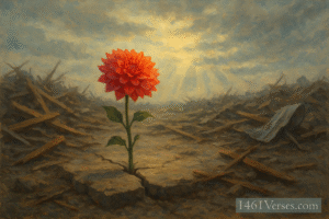 A single, radiant flower—growing defiantly through a cracked slab of concrete surrounded by storm debris: scattered wood, twisted metal, and dust. The sky is soft with early morning light breaking through the clouds. The vibrant flower stands tall and glowing, a symbol of beauty, strength, and hope amid devastation. (No people.)