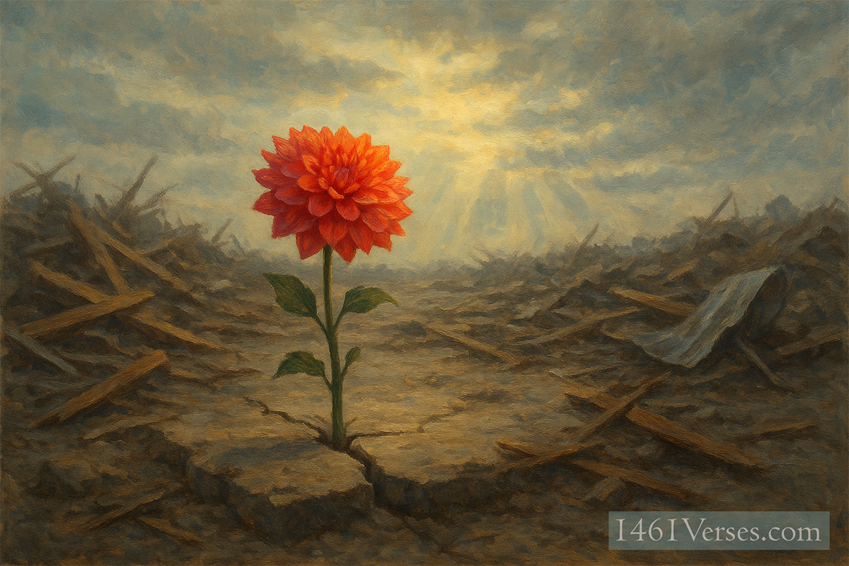 A single, radiant flower—growing defiantly through a cracked slab of concrete surrounded by storm debris: scattered wood, twisted metal, and dust. The sky is soft with early morning light breaking through the clouds. The vibrant flower stands tall and glowing, a symbol of beauty, strength, and hope amid devastation. (No people.)