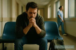 A person sits alone in a softly lit hospital waiting room, eyes closed and hands clasped in quiet prayer or reflection. Warm light gently illuminates their face, while a blurred medical worker passes in the background, symbolizing care and hope amid uncertainty.