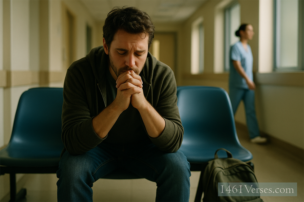 A person sits alone in a softly lit hospital waiting room, eyes closed and hands clasped in quiet prayer or reflection. Warm light gently illuminates their face, while a blurred medical worker passes in the background, symbolizing care and hope amid uncertainty.